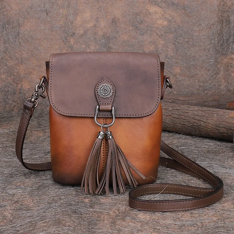 Vintage Small Red Leather Womens Vertical Shoulder Bag With Tassels Handmade Crossbody Purse for Ladies