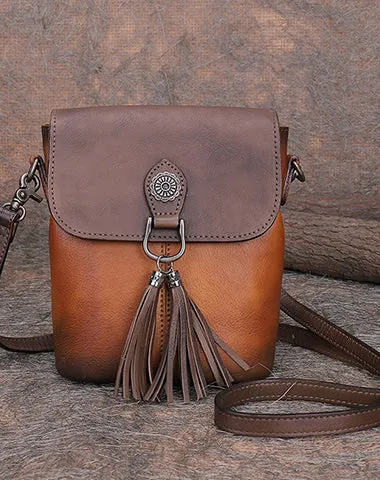 Vintage Small Red Leather Womens Vertical Shoulder Bag With Tassels Handmade Crossbody Purse for Ladies