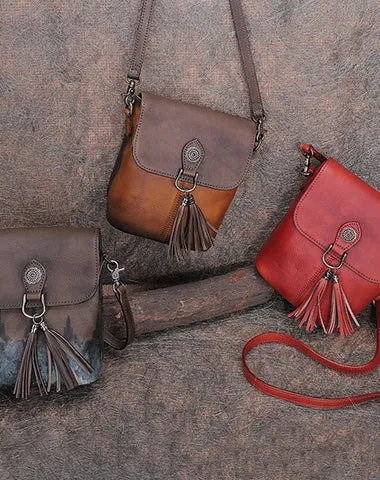 Vintage Small Red Leather Womens Vertical Shoulder Bag With Tassels Handmade Crossbody Purse for Ladies
