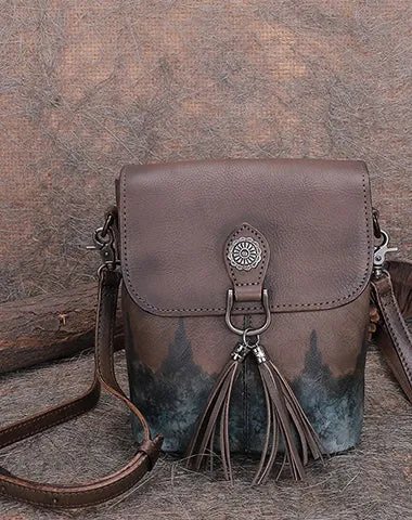 Vintage Small Red Leather Womens Vertical Shoulder Bag With Tassels Handmade Crossbody Purse for Ladies