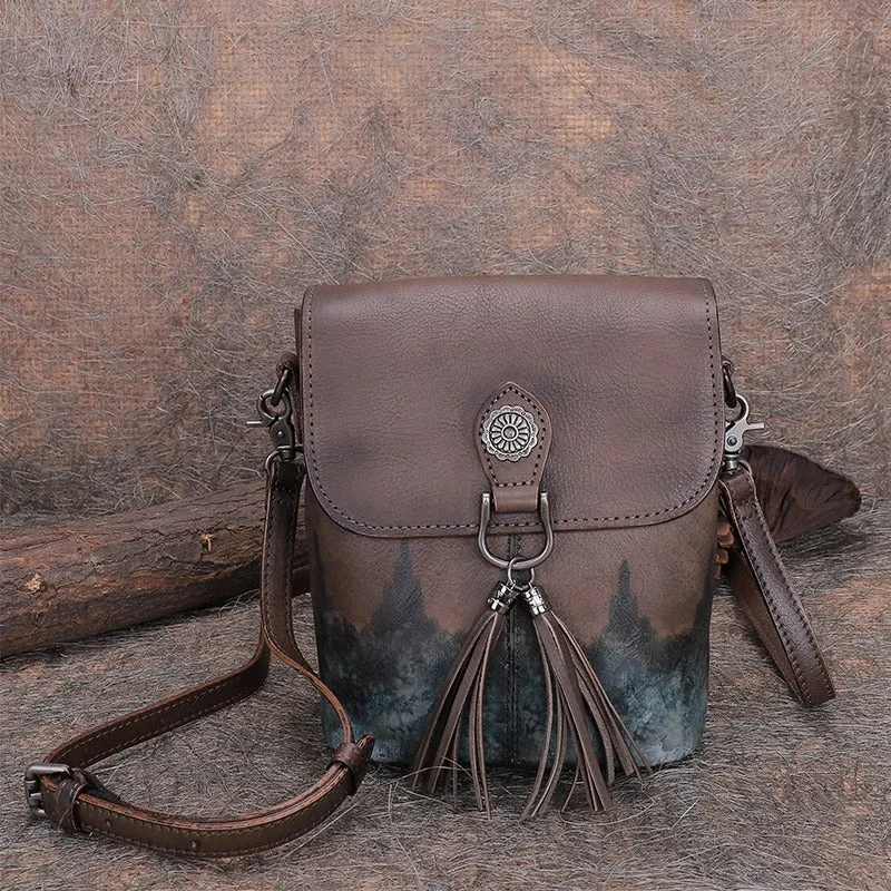 Vintage Small Red Leather Womens Vertical Shoulder Bag With Tassels Handmade Crossbody Purse for Ladies