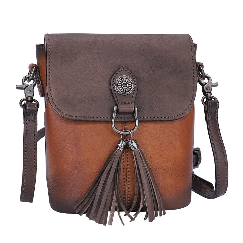 Vintage Small Red Leather Womens Vertical Shoulder Bag With Tassels Handmade Crossbody Purse for Ladies