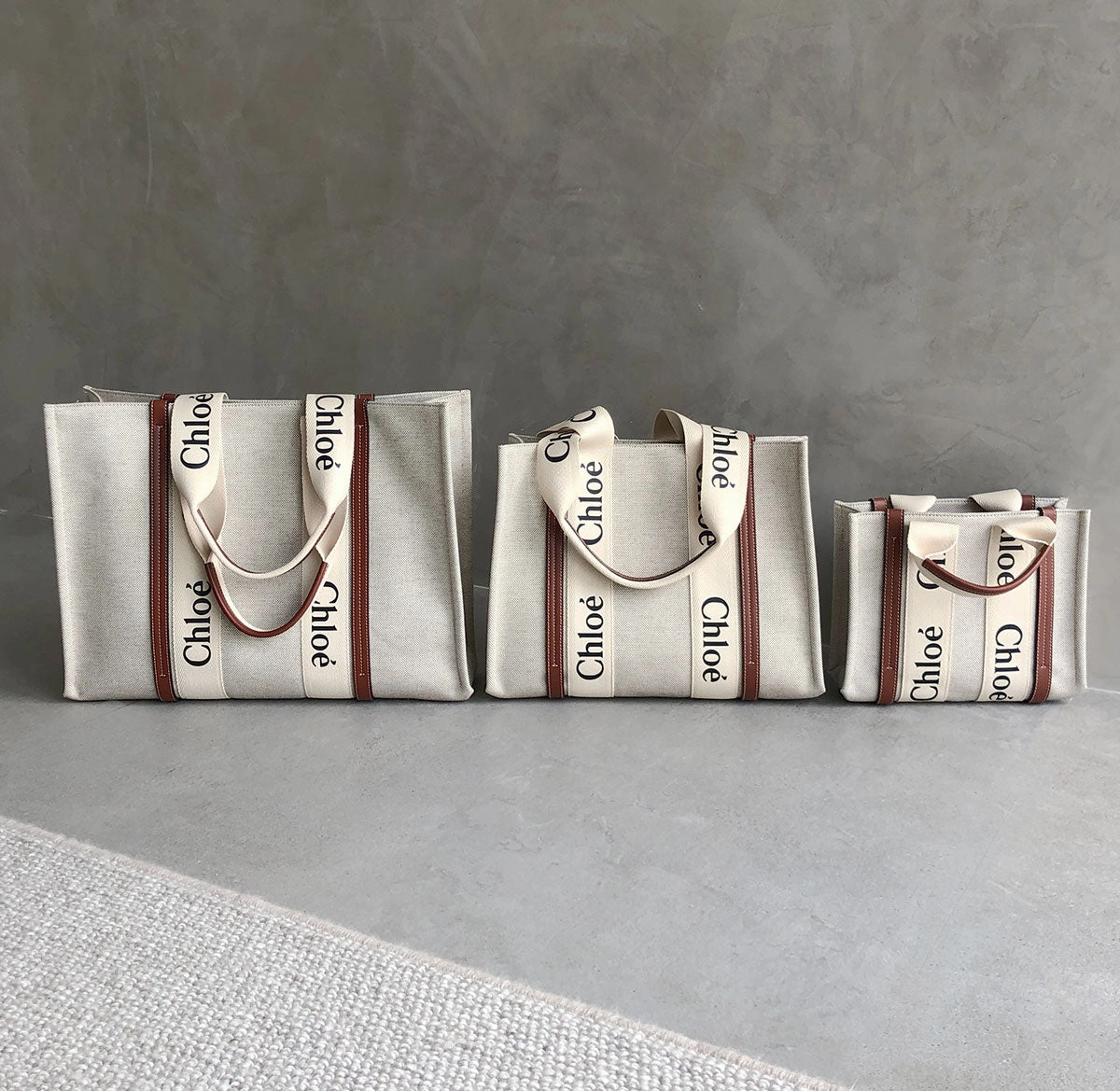 Woody Tote Medium Linen, White/Brown