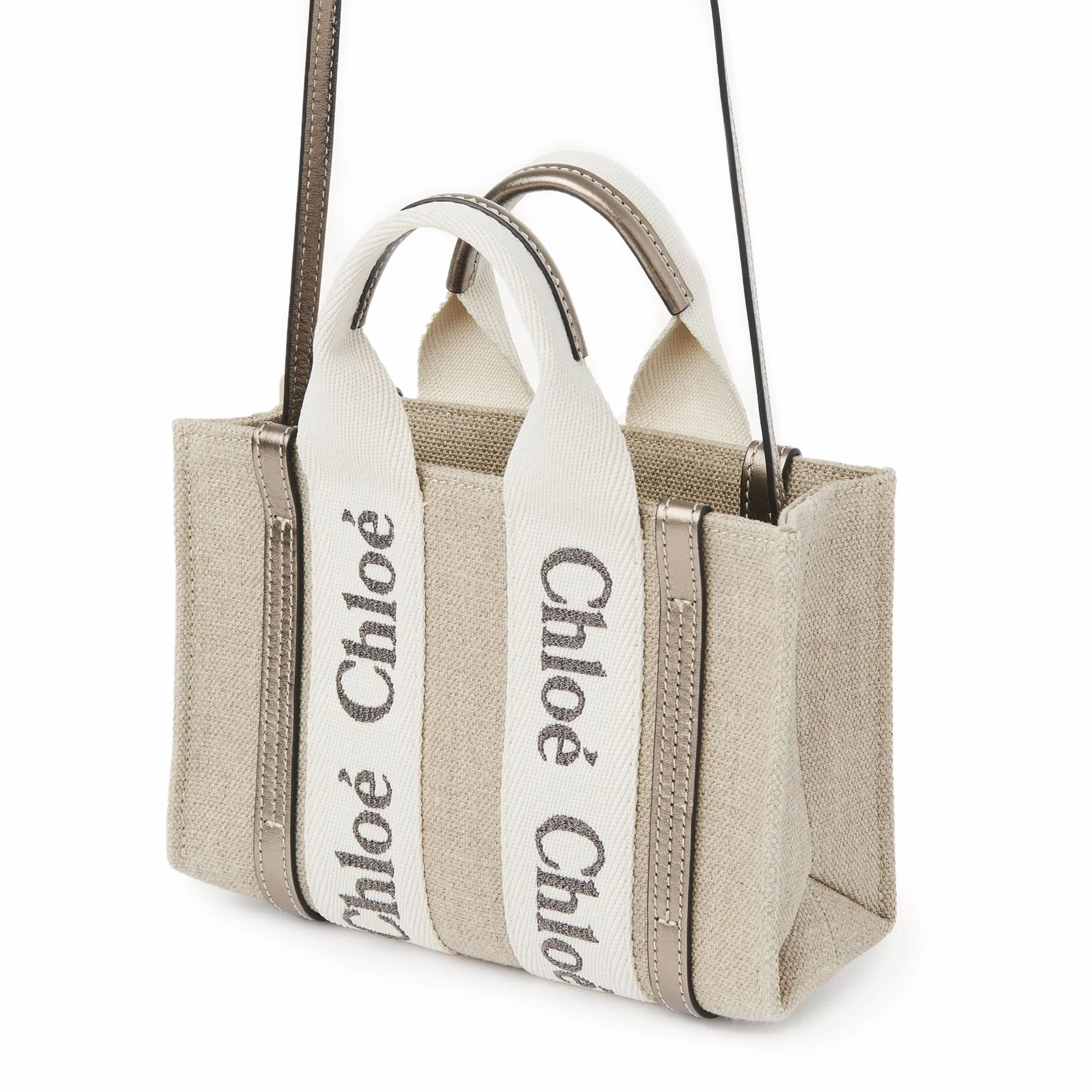 Woody Tote Mini Strap Linen, Metallic Grey