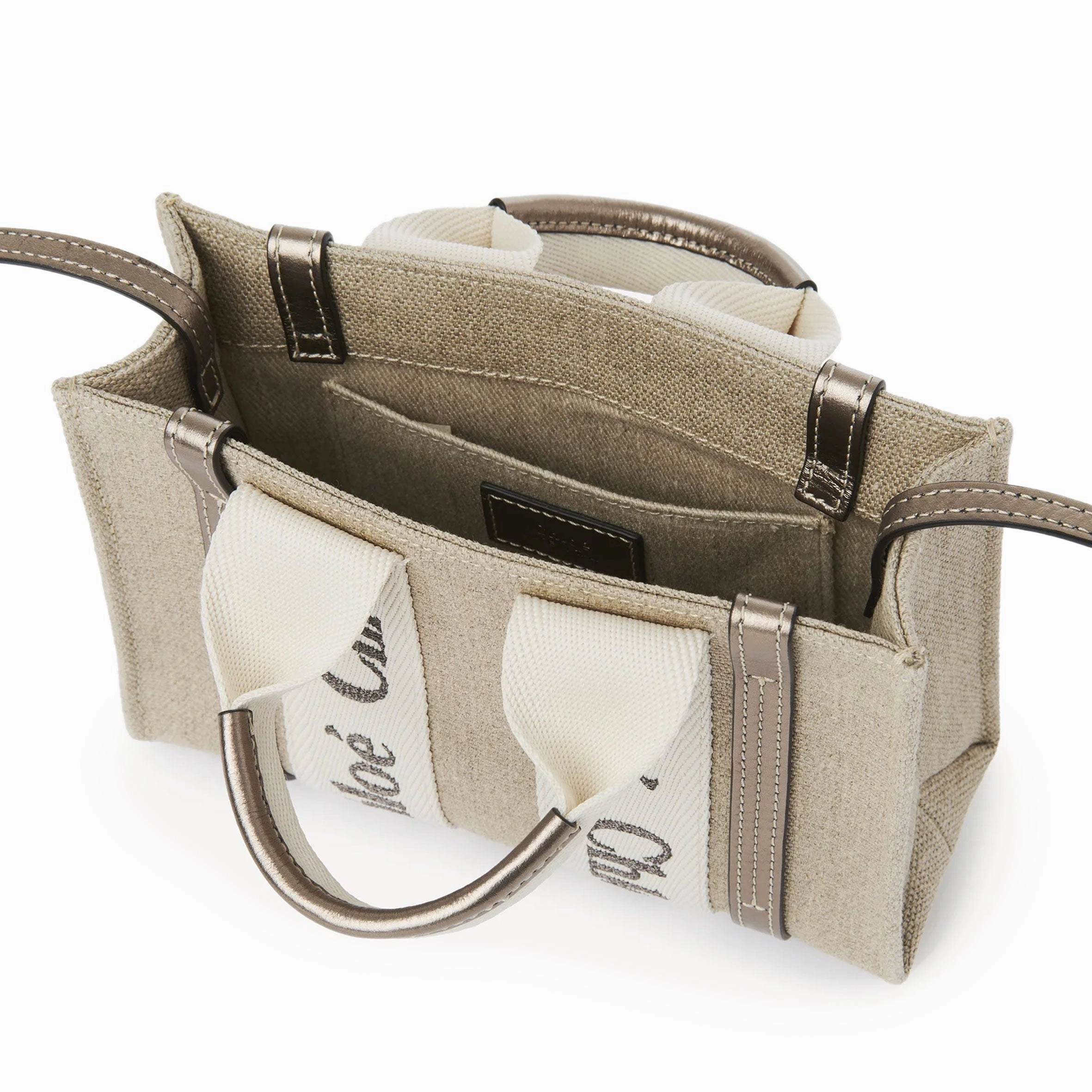 Woody Tote Mini Strap Linen, Metallic Grey