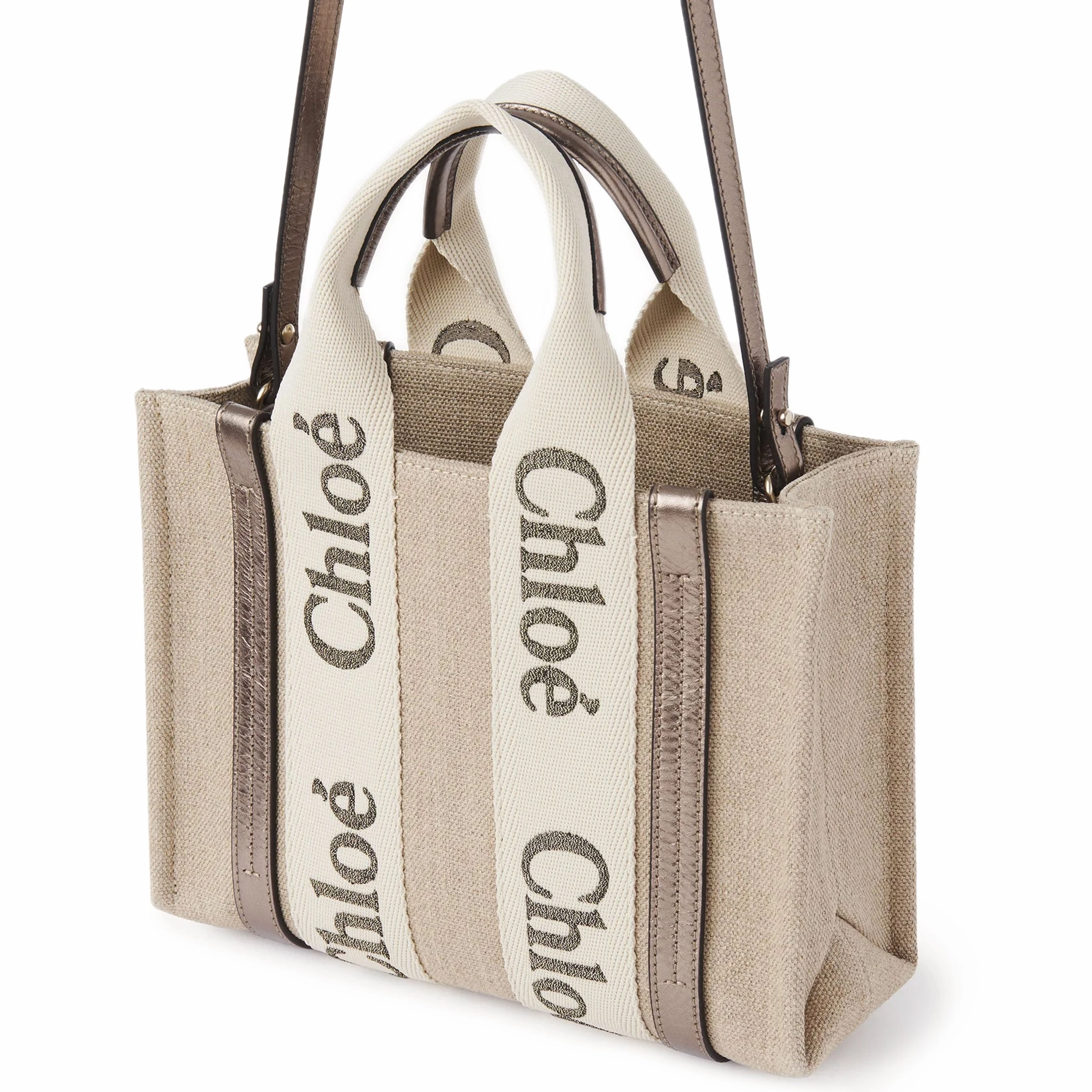 Woody Tote Small Strap Linen, Metallic Grey