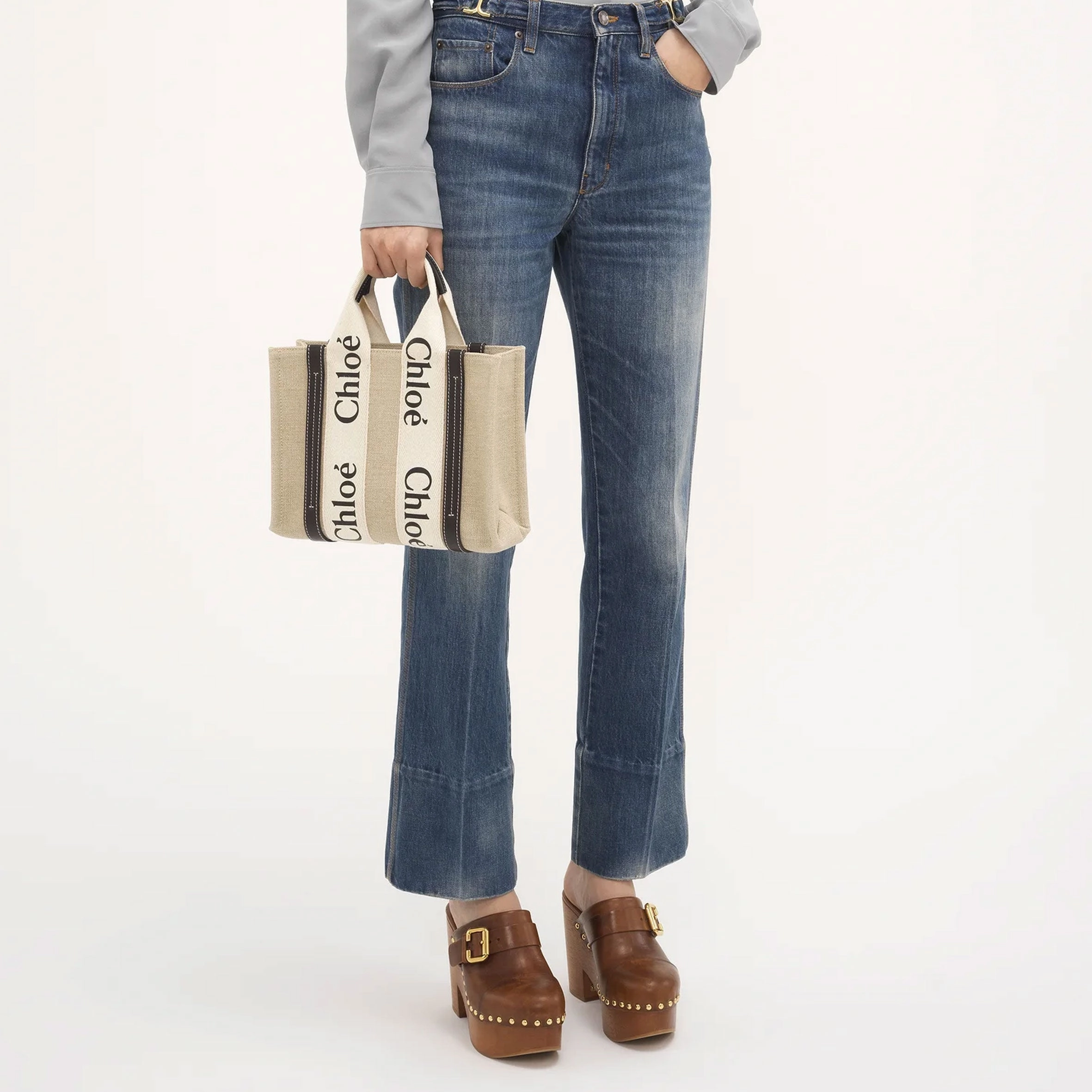 Woody Tote Small Strap Linen, White/Blue