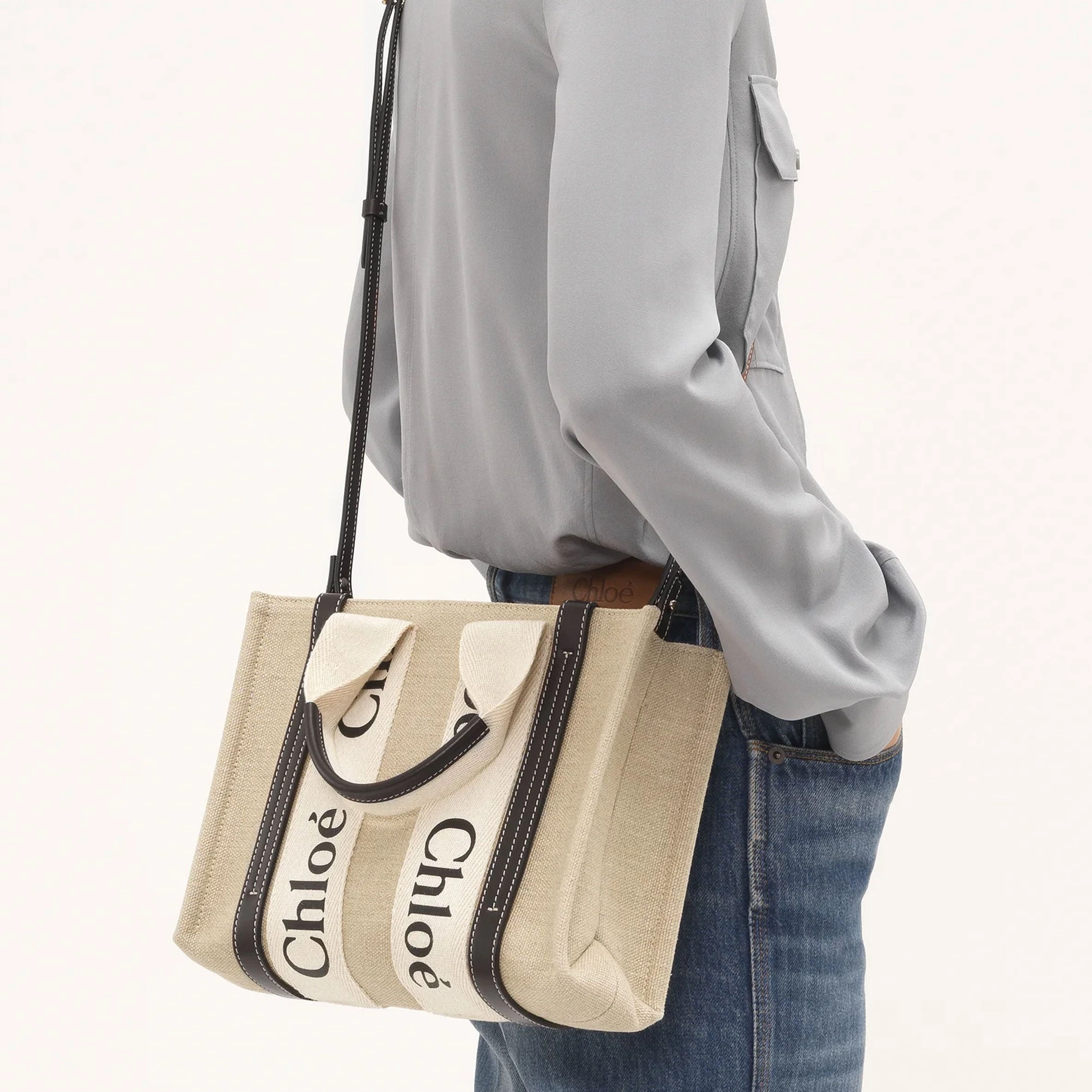 Woody Tote Small Strap Linen, White/Blue