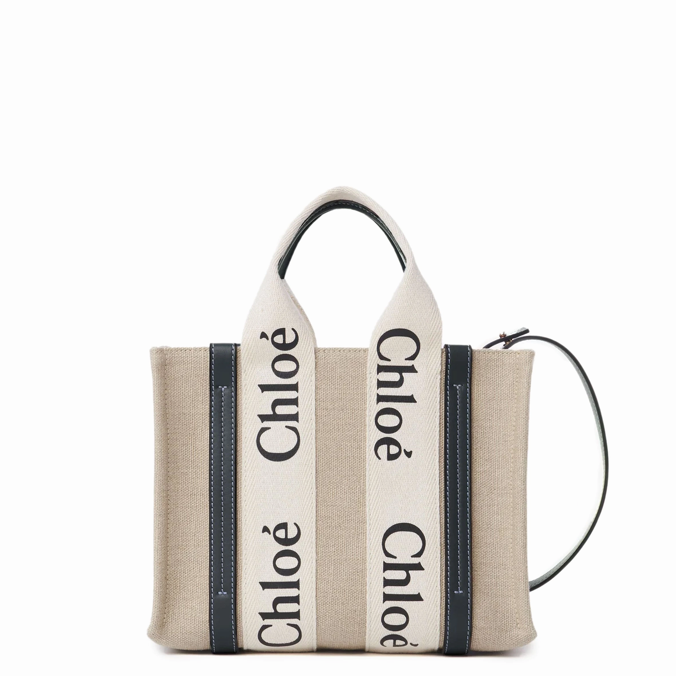 Woody Tote Small Strap Linen, White/Blue