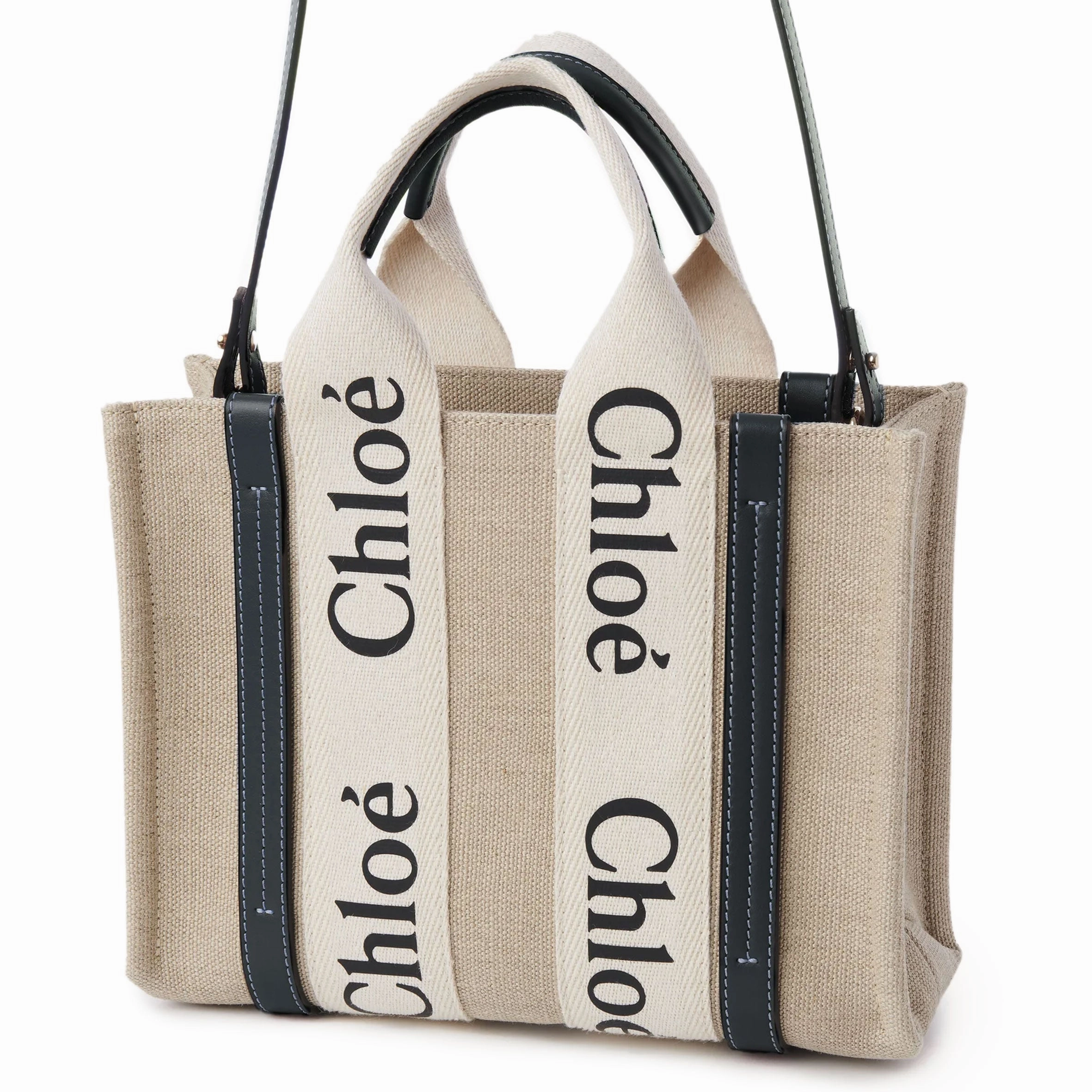 Woody Tote Small Strap Linen, White/Blue