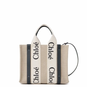 Woody Tote Small Strap Linen, White/Blue
