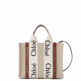 Woody Tote Small Strap Linen, White/Brown