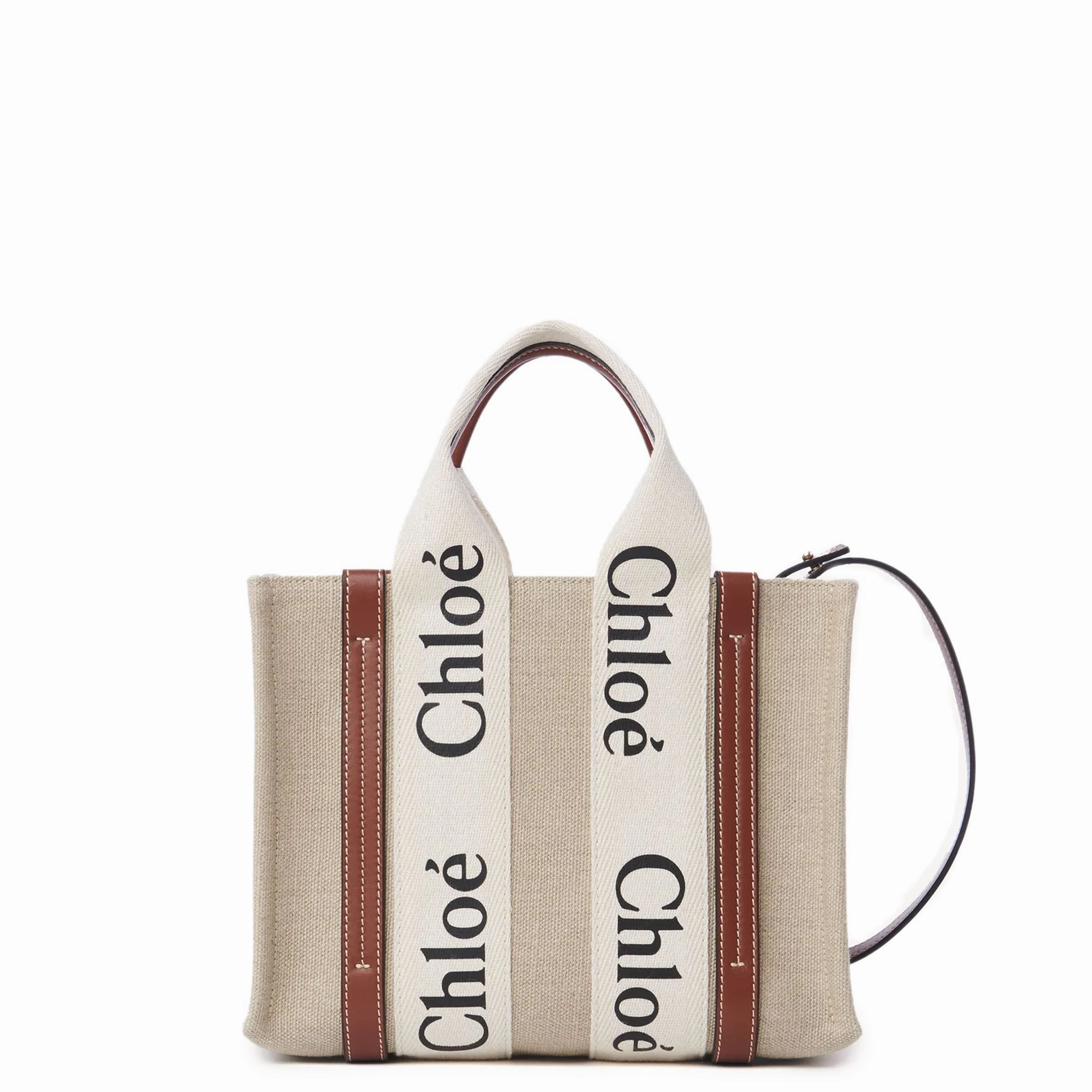 Woody Tote Small Strap Linen, White/Brown