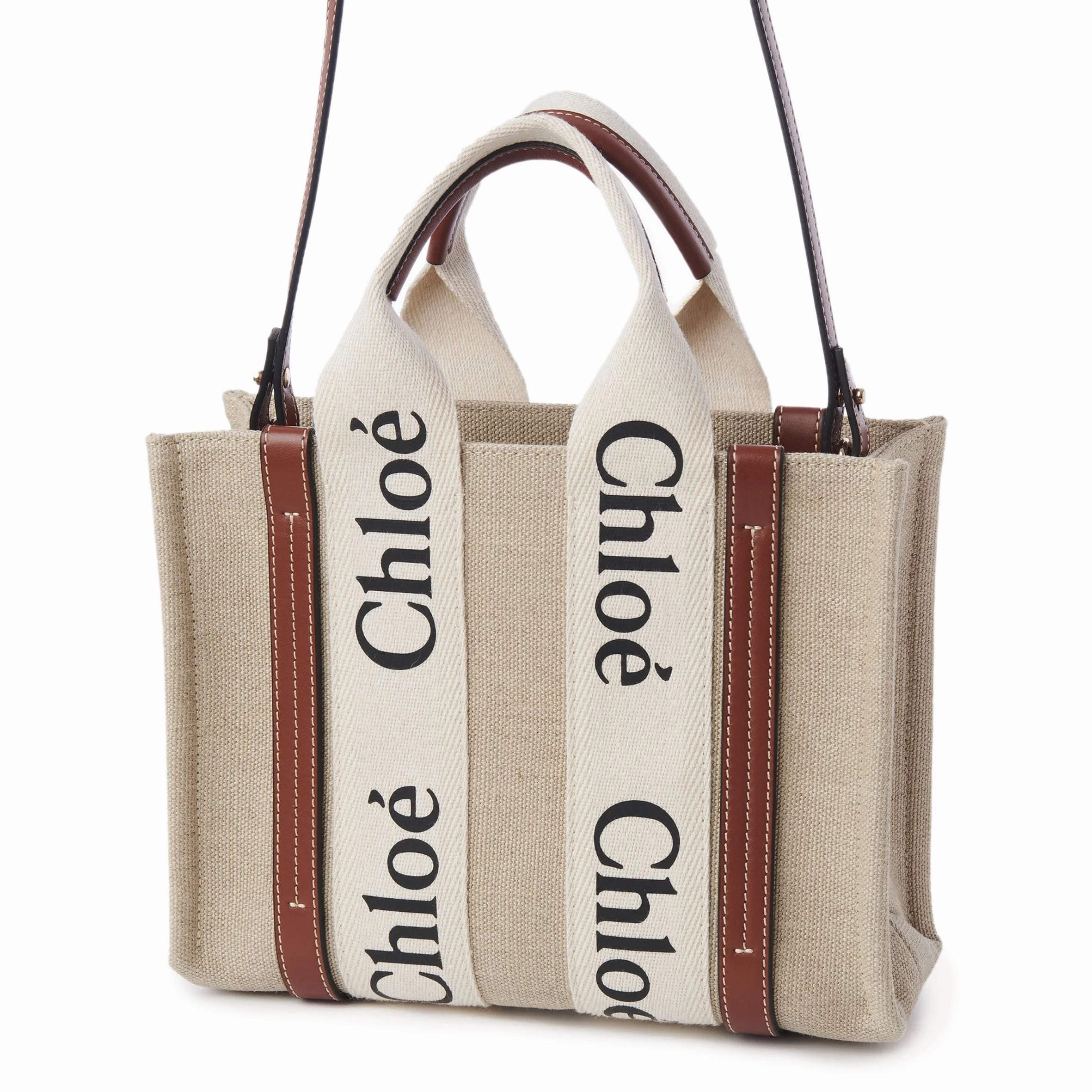 Woody Tote Small Strap Linen, White/Brown